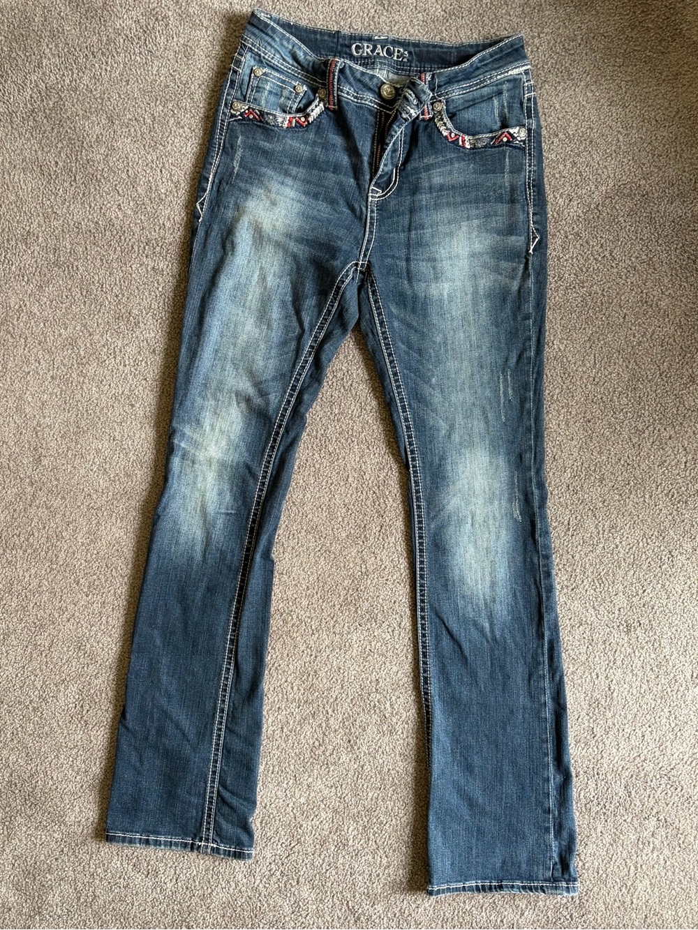 Grace in LA Women's Embroidered Border Pocket Bootcut Jeans Size 28 X 32